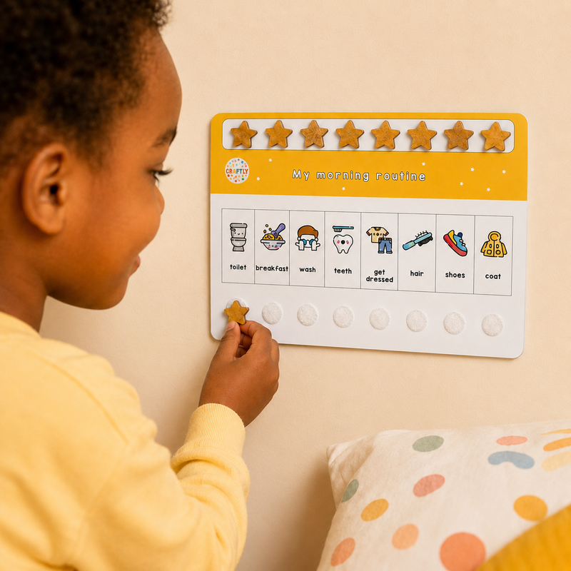 Child interacting with a morning routine chart on a wall.