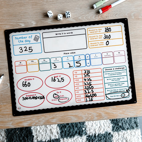 Mathematics learning mat with educational content on a wooden surface