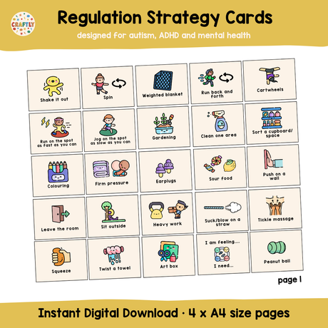 Regulation strategy cards designed for autism, ADHD, and mental health with various illustrated activities on a yellow background.