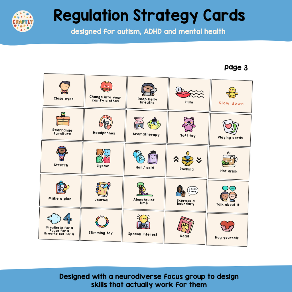 Regulation Strategy Cards designed for autism, ADHD, and mental health with various icons and text.