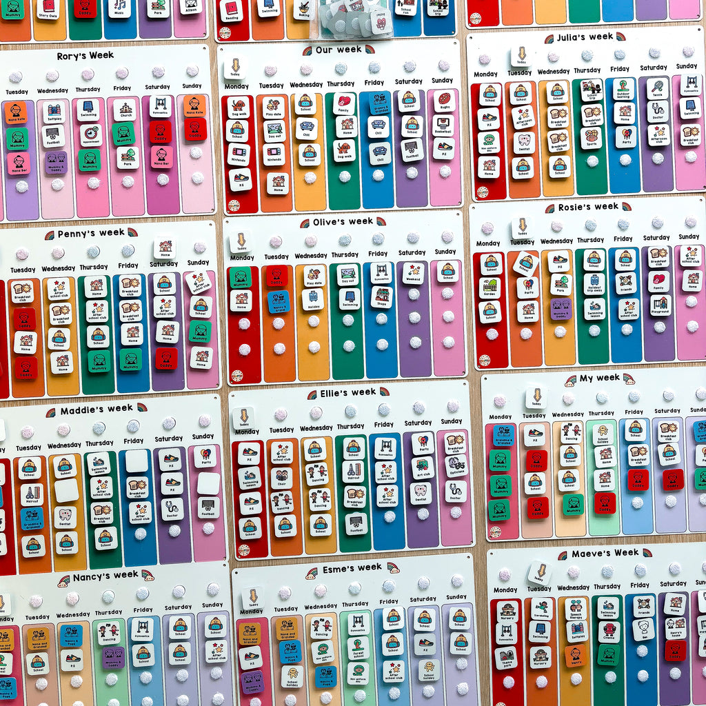 Grid of colorful weekly planners with different color schemes