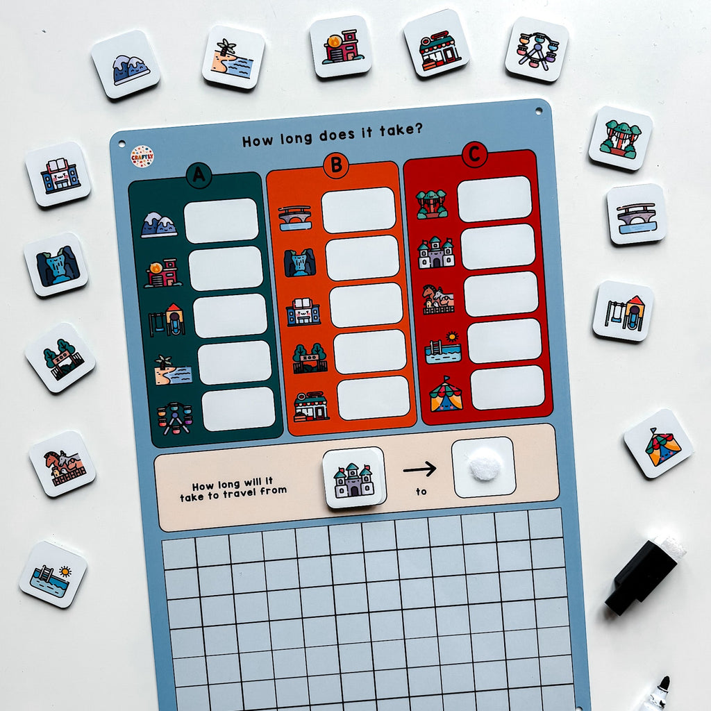 Educational time practice board with tiles on a white background