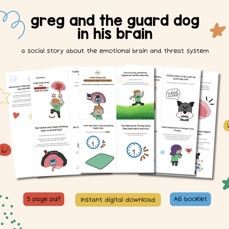 Educational booklets about emotional brain and threat system with colorful illustrations on a light background.