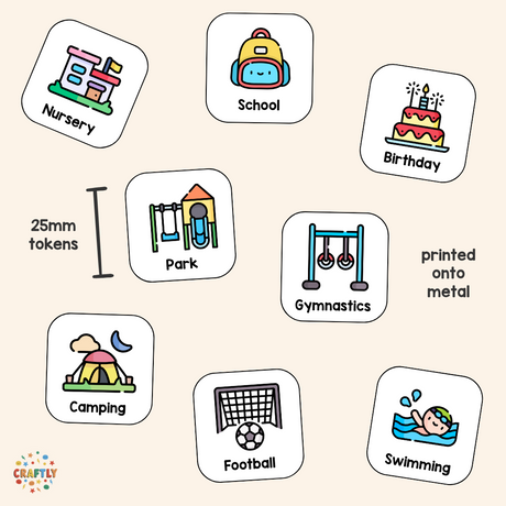 A collection of various picture tokens printed onto metal squares, each representing different activities such as nursery, school, birthday, gymnastics, camping, football, and swimming.