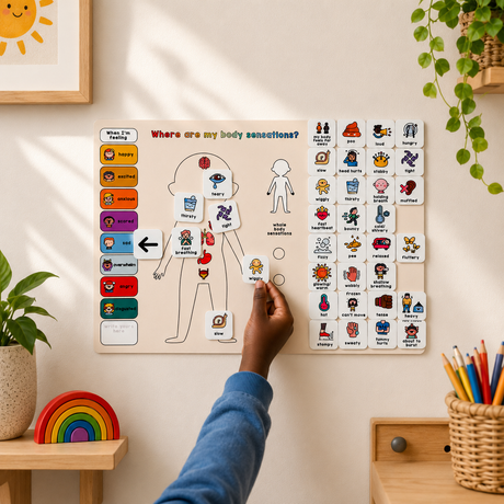 Educational chart on a wall with a hand pointing to it, surrounded by children's toys and plants.
