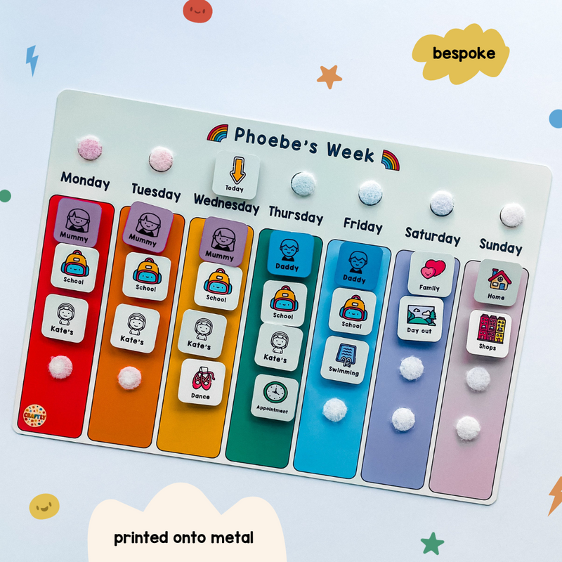 childrens bespoke rainbow weekly planner with picture tokens to stick on each day with velcro. printed onto metal