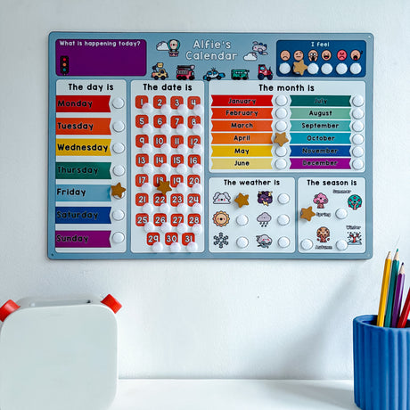 weather chart for children with pencils and a audio book player