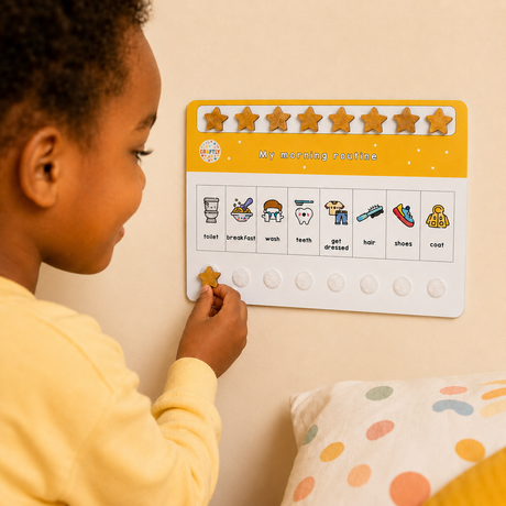 Child interacting with a morning routine chart on a wall.