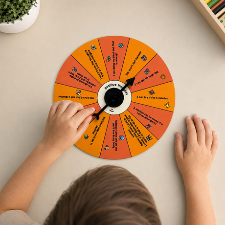 Child spinning a colorful educational wheel on a beige surface