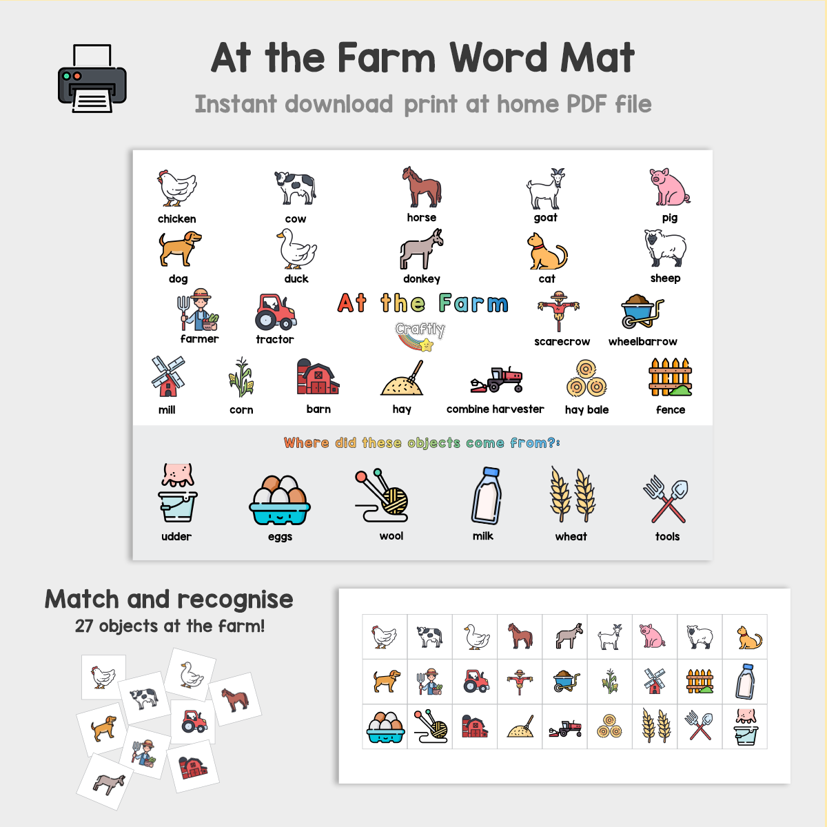PRINTABLE Farm Word Mat and Matching Activity