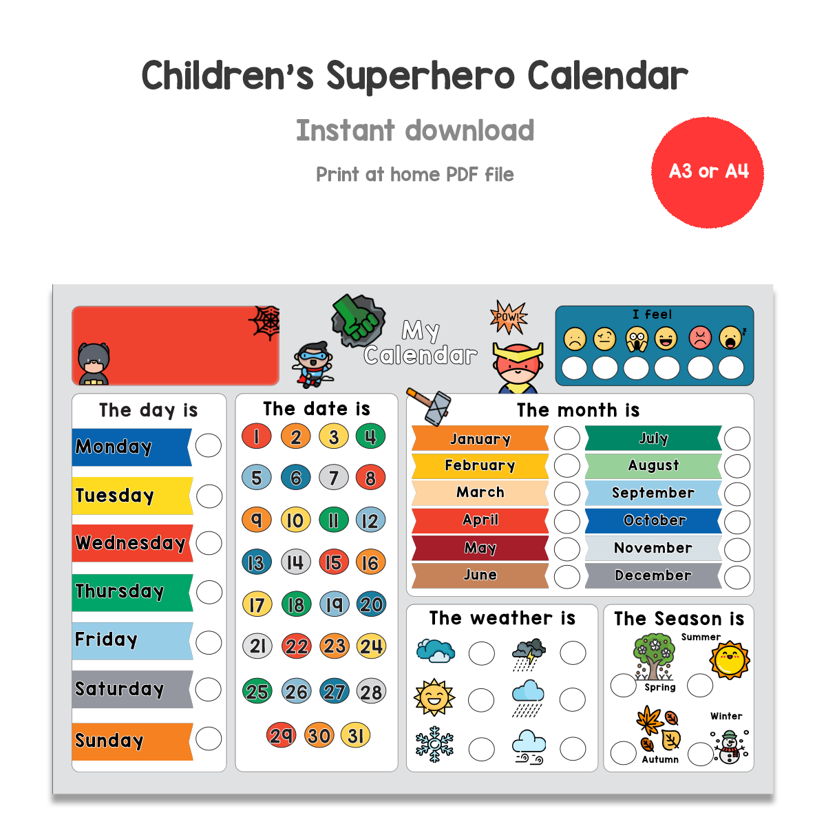 PRINTABLE Children's Superhero Calendar