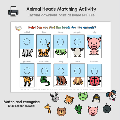 PRINTABLE Animal Heads Matching Activity