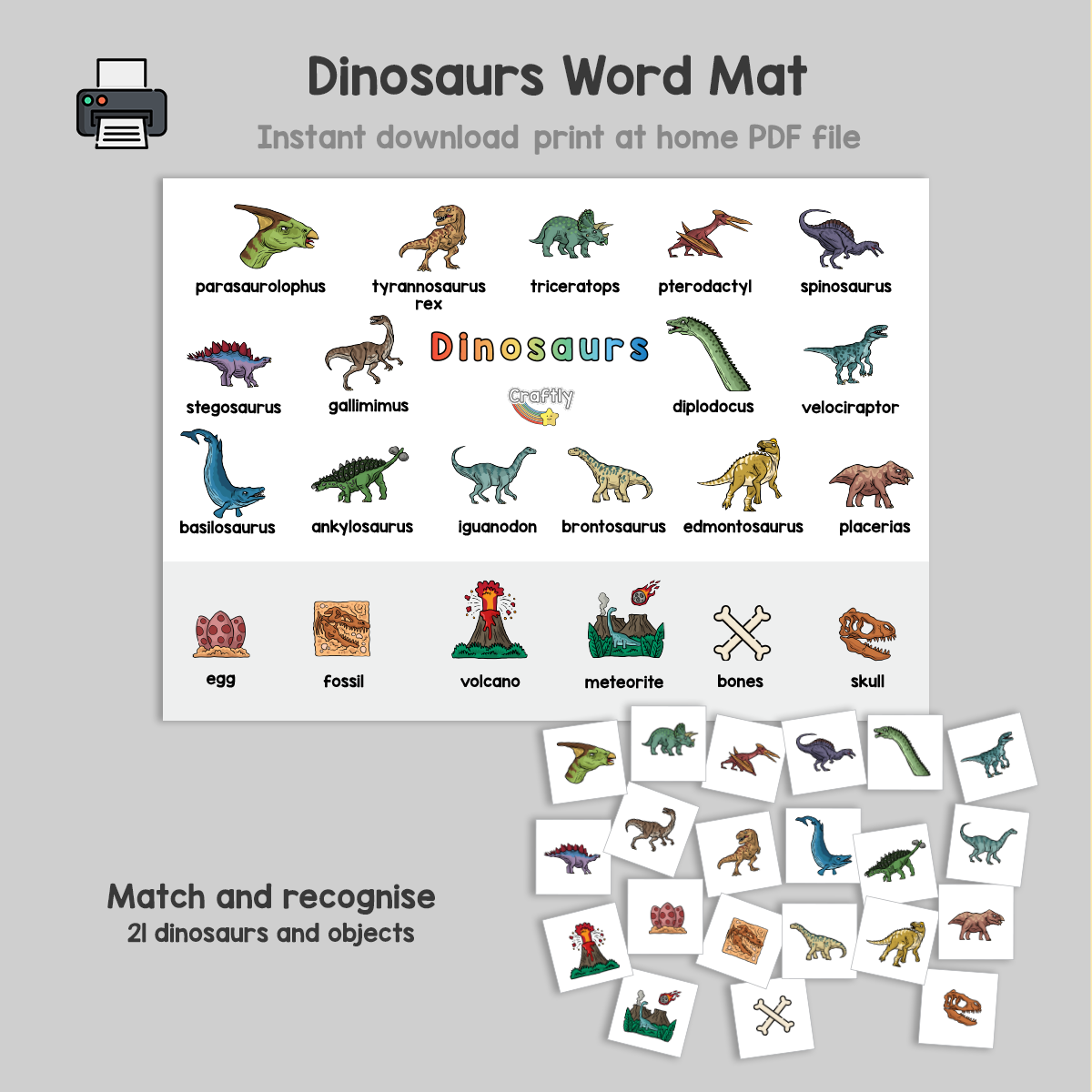 PRINTABLE Dinosaur Word Mat and Matching Activity