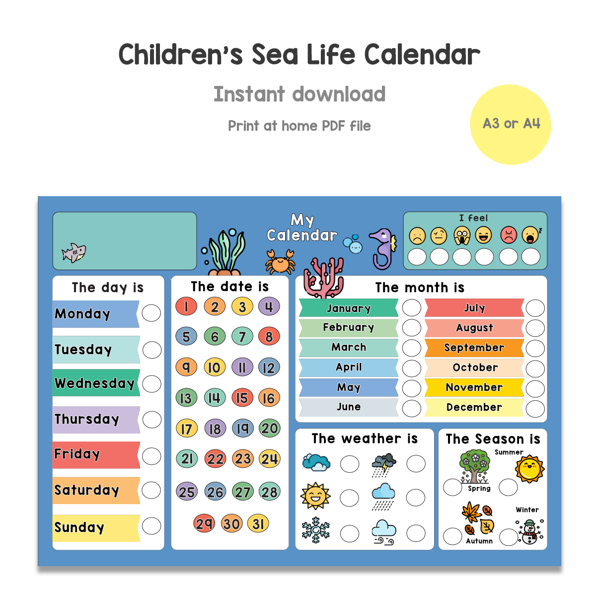 PRINTABLE Children's Sea Life Calendar